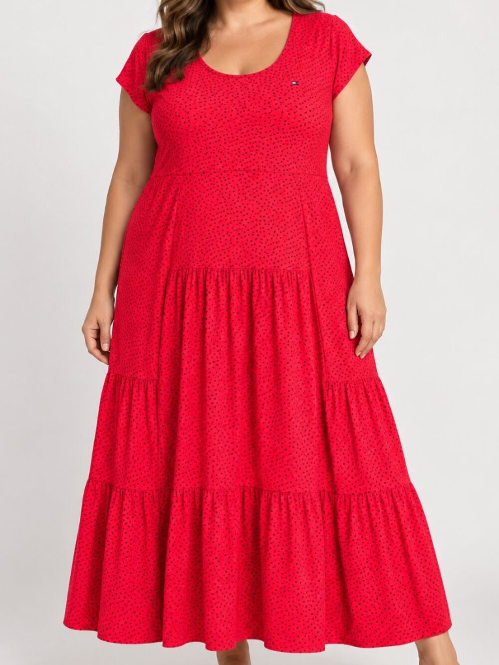Tommy Hilfiger Dress Red Polka Dot Tiered Midi Sz XXL Cap Sleeve Casual Chic